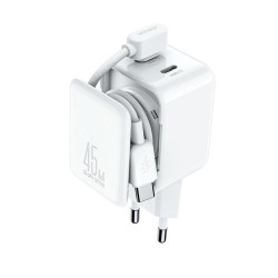 Joyroom JR-TCL05 Travel Charger GaN Fast Charger C+C 45W PD PPS UFCS with Built-in Cable Organizer / white