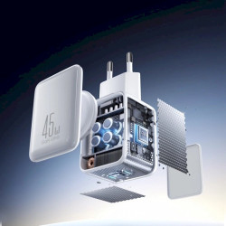 Joyroom JR-TCL05 Travel Charger GaN Fast Charger C+C 45W PD PPS UFCS with Built-in Cable Organizer / white
