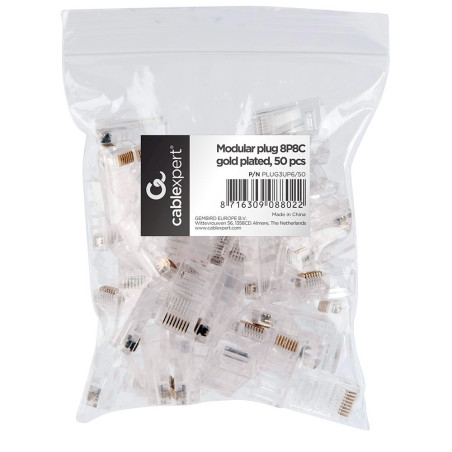 Gembird PLUG3UP6/50 RJ-45 Modular Plug Cat.5e 6u gold plated, 50 pcs per bag / transparent