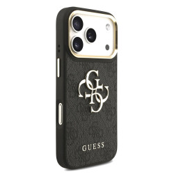 Guess PU Leather 4G Metal Logo Gold Frame Case for iPhone 18 Pro / Black