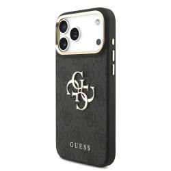 Guess PU Leather 4G Metal Logo Gold Frame Case for iPhone 18 Pro Max / Black