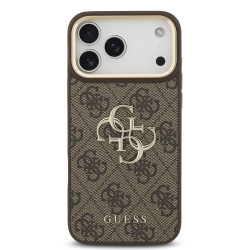 Guess PU Leather 4G Metal Logo Gold Frame Case for iPhone 18 Pro Max Brown