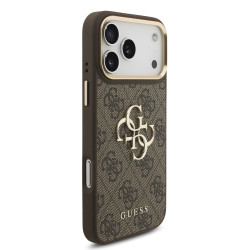 Guess PU Leather 4G Metal Logo Gold Frame Case for iPhone 18 Pro Max Brown