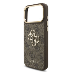 Guess PU Leather 4G Metal Logo Gold Frame Case for iPhone 18 Pro Max Brown