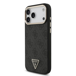 Guess PU Leather 4G Strass Triangle Logo Gold Frame MagSafe Case for iPhone 18 Pro Max / black