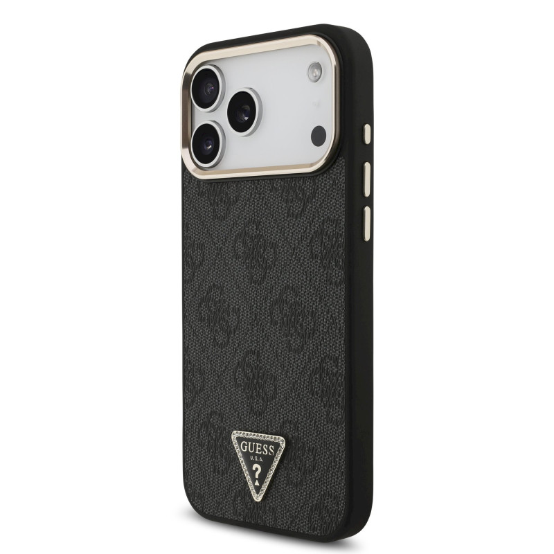 Guess PU Leather 4G Strass Triangle Logo Gold Frame MagSafe Case for iPhone 18 Pro Max / black
