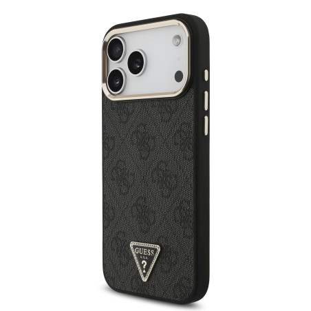 Guess PU Leather 4G Strass Triangle Logo Gold Frame MagSafe Case for iPhone 18 Pro Max / black