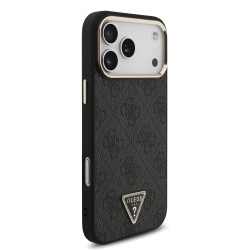 Guess PU Leather 4G Strass Triangle Logo Gold Frame MagSafe Case for iPhone 18 Pro Max / black