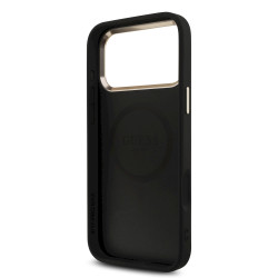 Guess PU Leather 4G Strass Triangle Logo Gold Frame MagSafe Case for iPhone 18 Pro Max / black