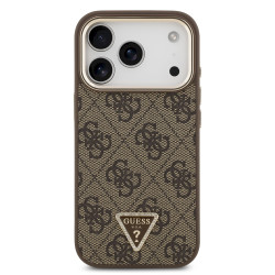 Guess PU Leather 4G Strass Triangle Logo Gold Frame MagSafe Case for iPhone 18 Pro Brown