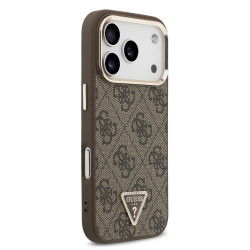 Guess PU Leather 4G Strass Triangle Logo Gold Frame MagSafe Case for iPhone 18 Pro Brown