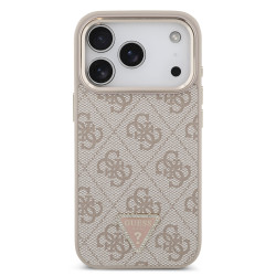 Guess PU Leather 4G Strass Triangle Logo Gold Frame MagSafe Case for iPhone 18 Pro / pink