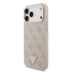 Guess PU Leather 4G Strass Triangle Logo Gold Frame MagSafe Case for iPhone 18 Pro Max / Pink