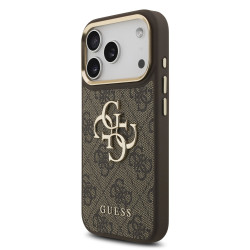 Guess PU Leather 4G Metal Logo Gold Frame Case for iPhone 18 Pro / Brown