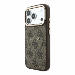 Guess PU Leather 4G Gold Frame Embossed MagSafe Case for iPhone 18 Pro Max Brown