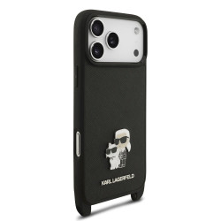 Karl Lagerfeld Saffiano Crossbody Strap Metal Karl and Choupette Case for iPhone 18 Pro / Black