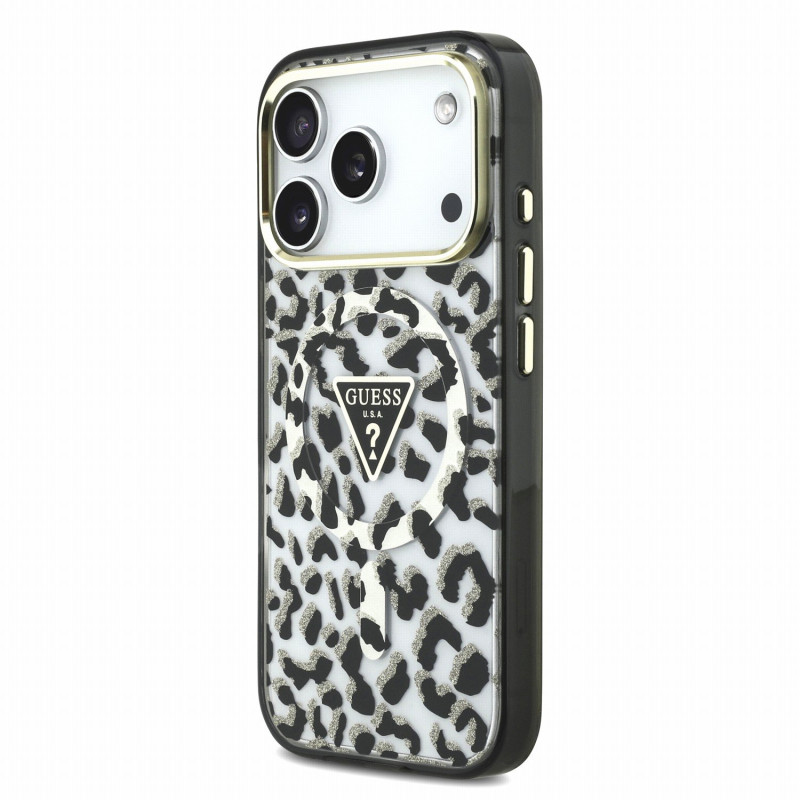 Guess IML Glitter Leopard Triangle Logo MagSafe Case for iPhone 18 Pro / black