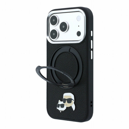 Karl Lagerfeld PU Grained K&CH Heads Ring Stand Magsafe Case for iPhone 18 Pro Max / Black