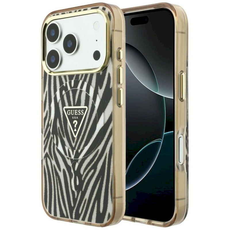 Guess IML Zebra Glitter Triangle Logo MagSafe for iPhone 18 Pro Max / iPhone 17 Pro Max / gold