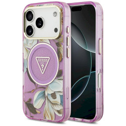 Guess IML Glitter Flowers Triangle MagSafe Case for iPhone 18 Pro / Purple