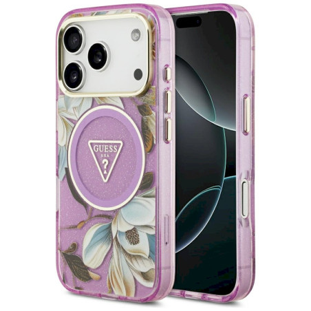 Guess IML Glitter Flowers Triangle MagSafe Case for iPhone 18 Pro / Purple