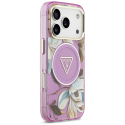 Guess IML Glitter Flowers Triangle MagSafe Case for iPhone 18 Pro / Purple