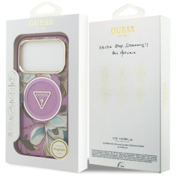 Guess IML Glitter Flowers Triangle MagSafe Case for iPhone 18 Pro / Purple