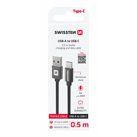 Swissten Textile USB / USB-C Data Cable 0.5m Black