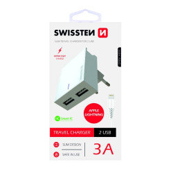 Swissten Premium Travel Charger 2x USB 3А / 15W With Lightning Cable 1.2m