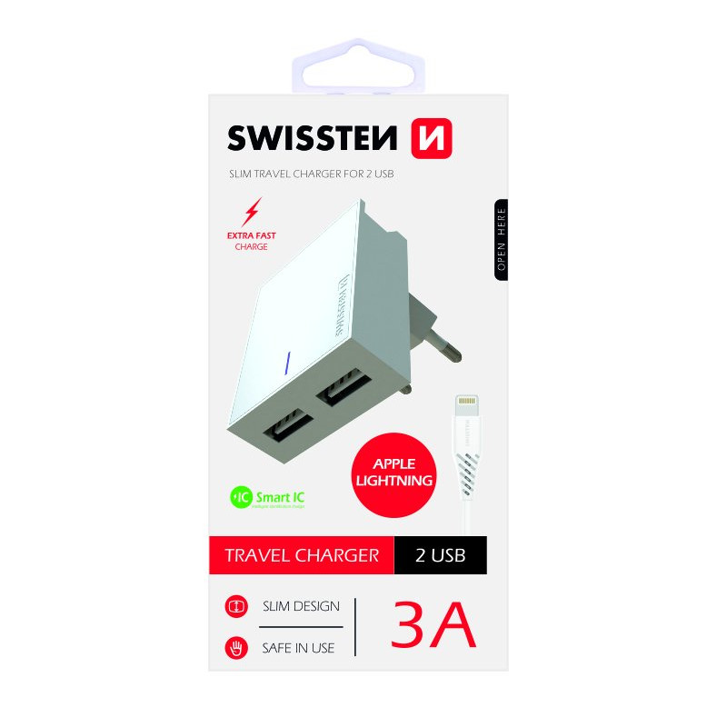 Swissten Premium Travel Charger 2x USB 3А / 15W With Lightning Cable 1.2m