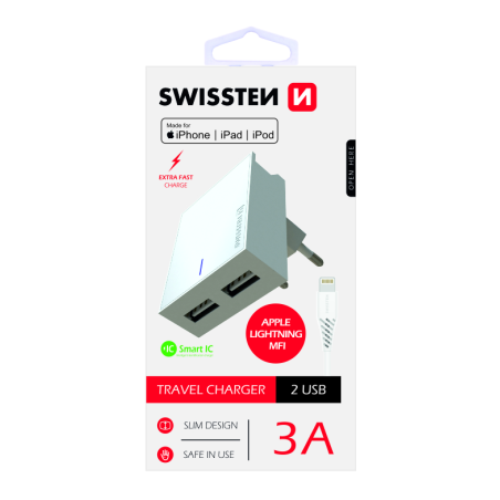 Swissten MFI Apple Certified Travel Charger USB 3А / 15W With Lightning Cable 1.2m
