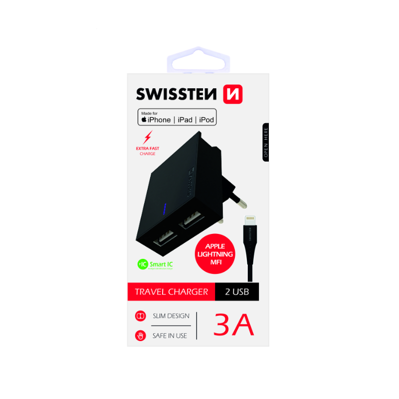 Swissten MFI Apple Certified Travel Charger USB 3А / 15W With Lightning Cable 1.2m