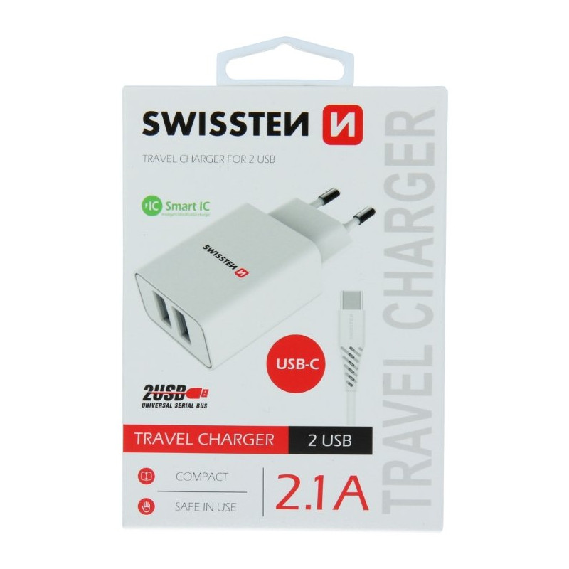 Swissten Smart IC Travel Charger 2x USB 2.1А with USB-C Cable 1.2 m