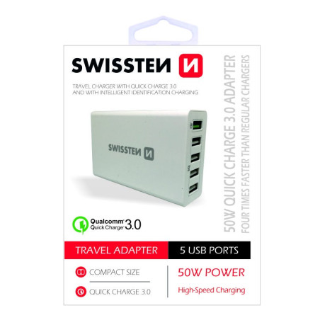 Swissten Qualcomm 3.0 QC Smart IC Premium Travel Charger USB 5x 2.1A  50W