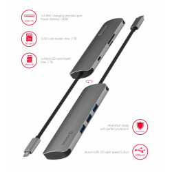 Swissten USB-C Hub 6in1 with 3X USB 3.0 / 1X USB-C Power Delivery / 1X microSD / 1X SD / Aluminum body
