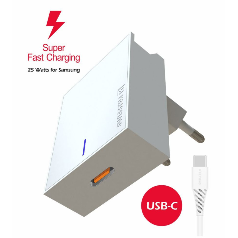 Swissten 25W Samsung Super Fast Charging Travel charger with 1.2m USB-C to USB-C cable