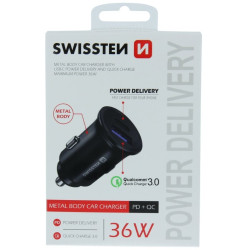 Swissten Metal Car Charger Adapter with Power Delivery USB-C + Quick Charge 3.0 / 36W For mobile phones and tablets