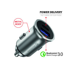 Swissten 36W Metal Car Charger Adapter with Power Delivery USB-C + Quick Charge 3.0 For mobile phones and tablets