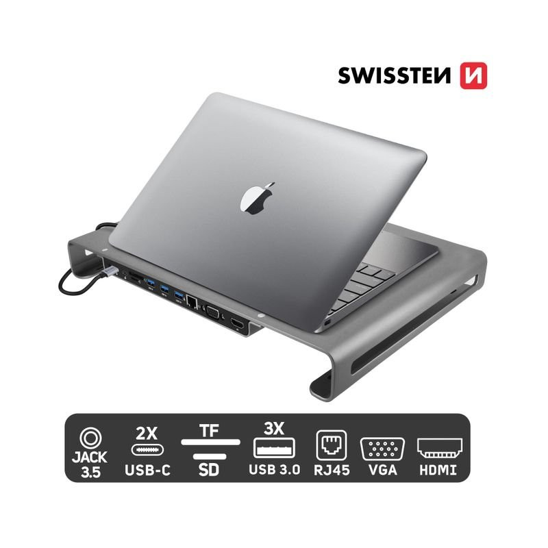 Swissten Multifunctional USB-C Laptop Docking Station / HDMI / USB 3.0 / 2x USB-C / RJ45 / SD / Micro SD / VGA / Audio