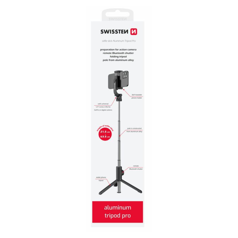 Swissten Bluetooth Selfie Stick Aluminum Tripod For Mobile Phones and GoPro With Remote Control