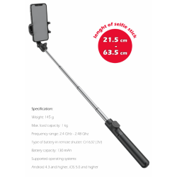 Swissten Bluetooth Selfie Stick Aluminum Tripod For Mobile Phones and GoPro With Remote Control