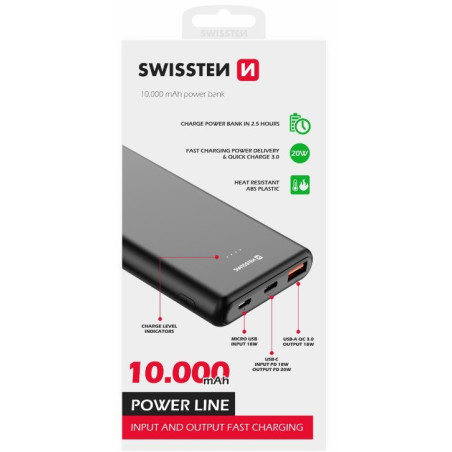 Swissten Line Power Power Bank USB / USB-C / Micro USB / 20W / 10000 mAh