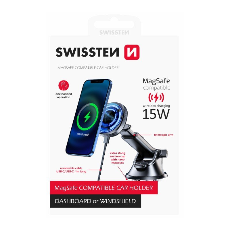 Swissten Magnetic Car Holder with Wireless Charger 15W (MagSafe compatible)