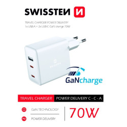 Swissten GaN Travel Charger 2 x USB-C / USB / 70W