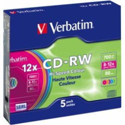 Verbatim Blank CD-RW SERL 700 MB 8x-12X Colour, 5 Pack Slim