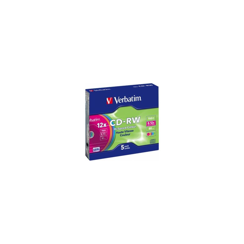 Verbatim Blank CD-RW SERL 700 MB 8x-12X Colour, 5 Pack Slim