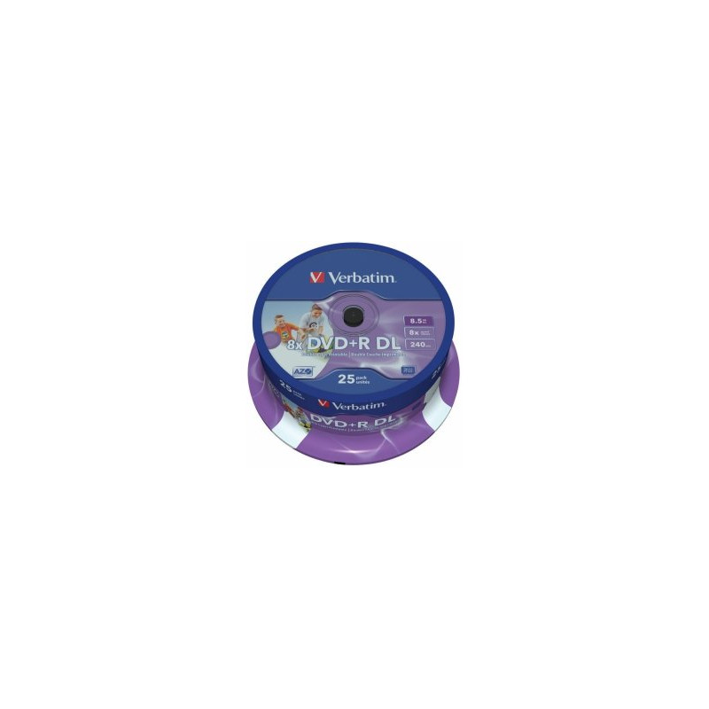 Verbatim Blank DVD+R DL  8.5GB Double Layer 8x AZO Wide Printable non ID 25 Pack Spindle