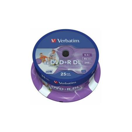Verbatim Blank DVD+R DL  8.5GB Double Layer 8x AZO Wide Printable non ID 25 Pack Spindle