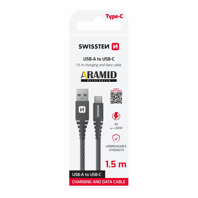 Swissten ARAMID REINFORCED Data Cable USB / USB-C / 1.5m / 60w