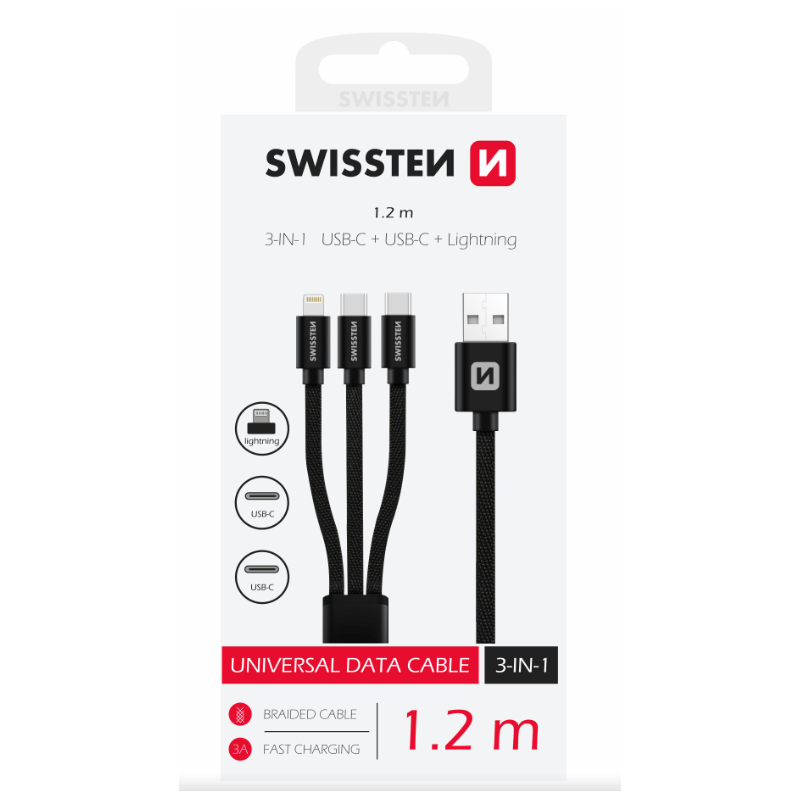 Swissten 3in1 Textile Data Cable 1.2m